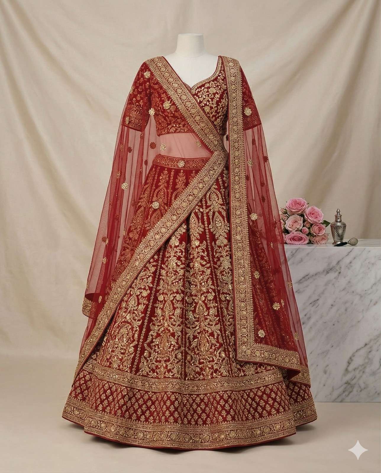 Red bridal lehenga choli with gold embroidery and dupatta for women wedding wear