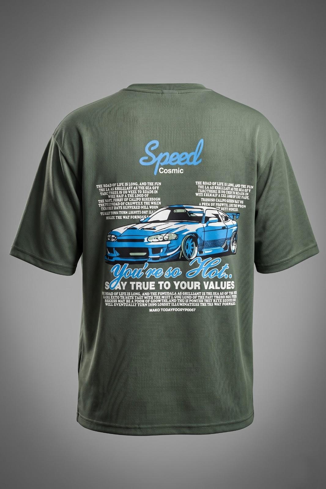 Oversized olive green unisex t-shirt with Speed Cosmic front logo and sports car back graphic streetwear design