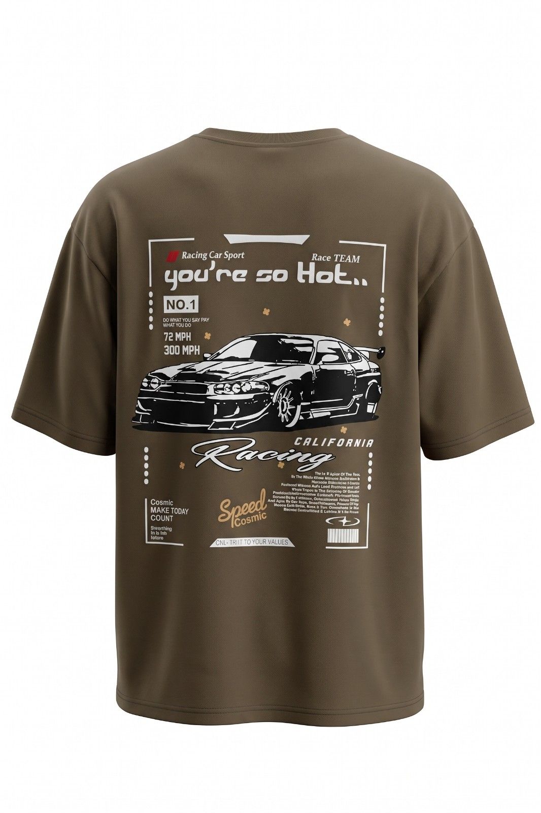 Unisex oversized beige California racing graphic printed t shirt with front and back design