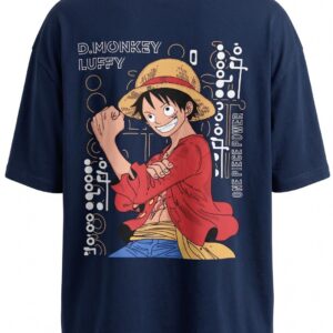 Unisex Oversized Monkey D. Luffy Anime Graphic Printed T-Shirt – Premium Navy Blue