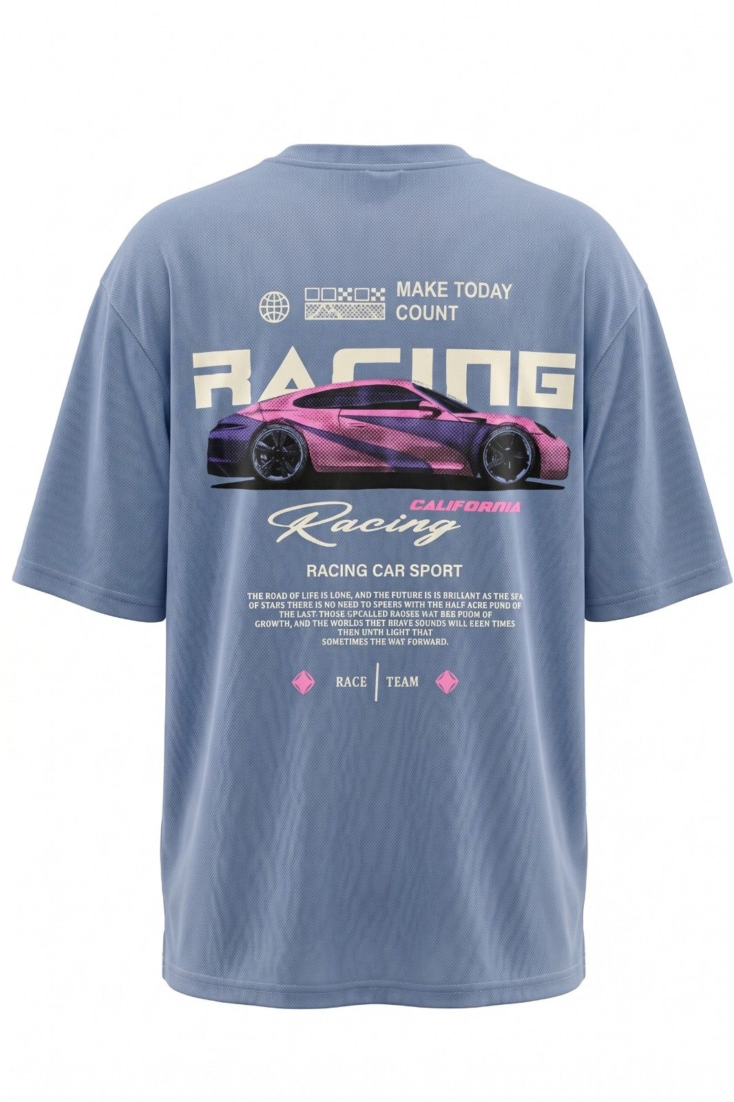 Unisex oversized blue racing graphic printed t shirt with front and back design