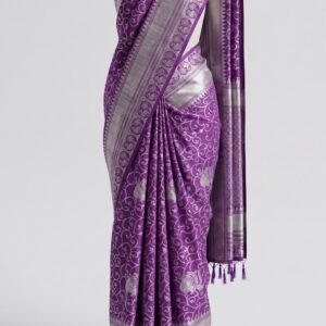 Purple Soft Banarasi Silk Saree for Women with Elegant Silver Woven Border