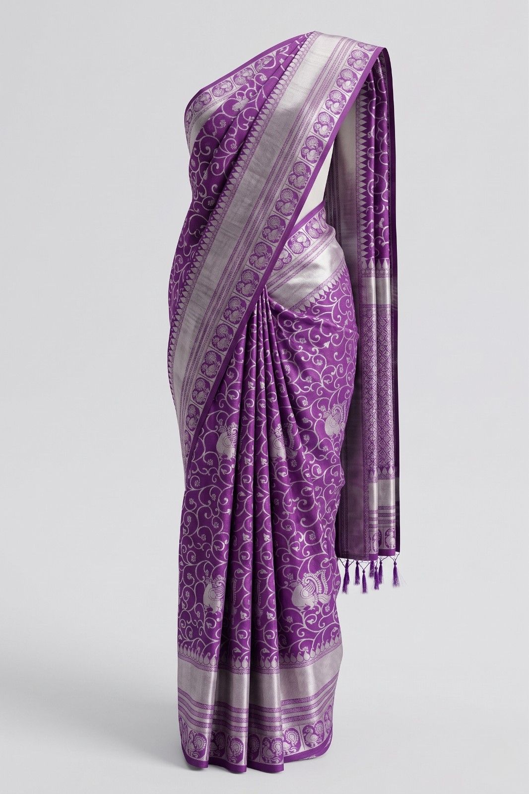 Purple soft Banarasi silk saree for women with elegant silver woven border
