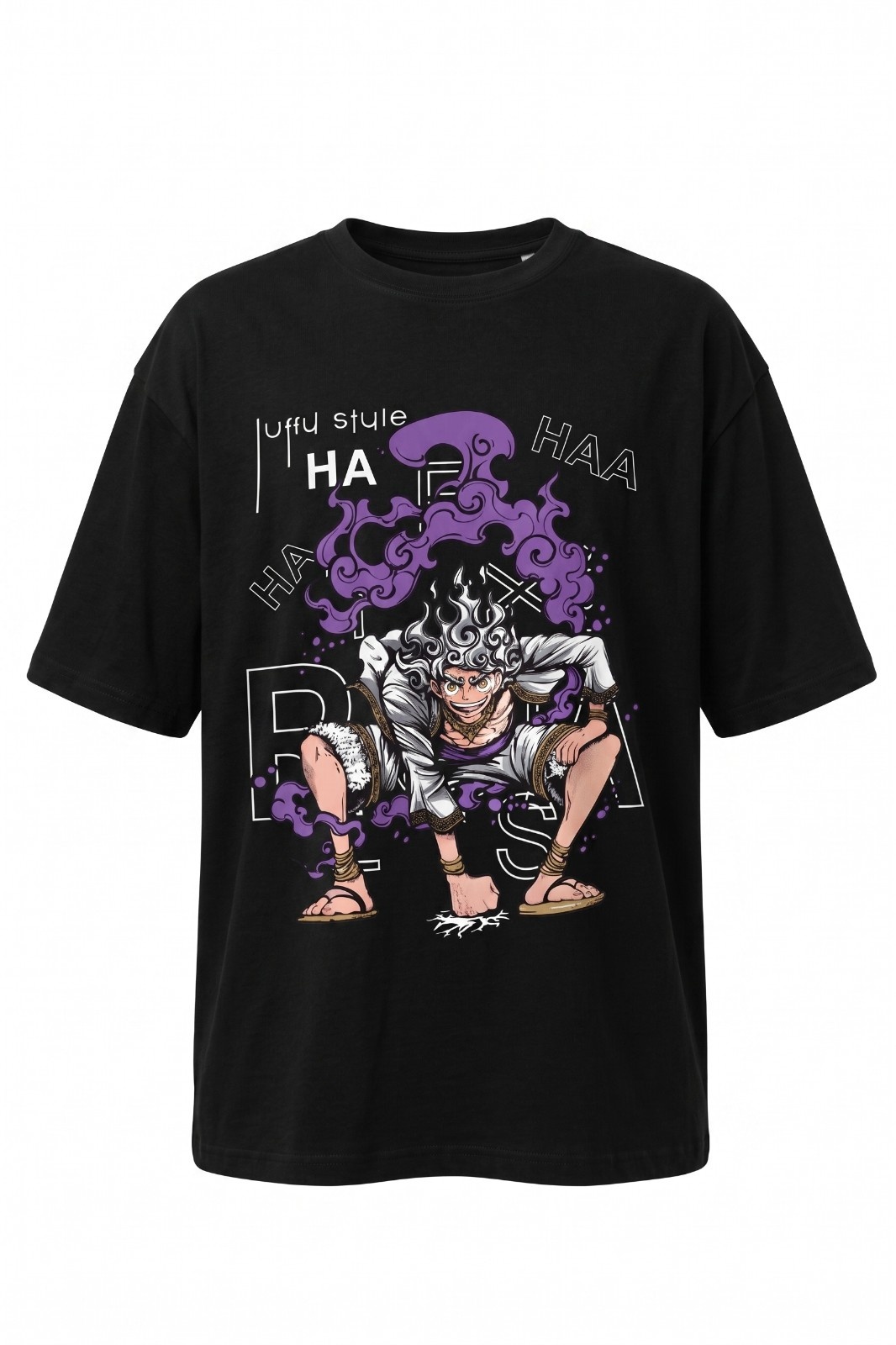 Aura and Aline unisex oversized black One Piece Luffy Gear 5 anime graphic printed t shirt with front Stay Humble Hustle Hard print and back anime design