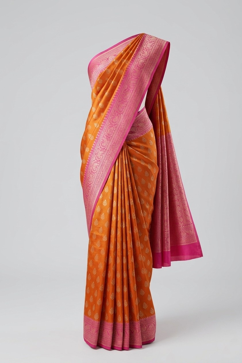Orange soft Kanjivaram silk saree for women with elegant pink woven border