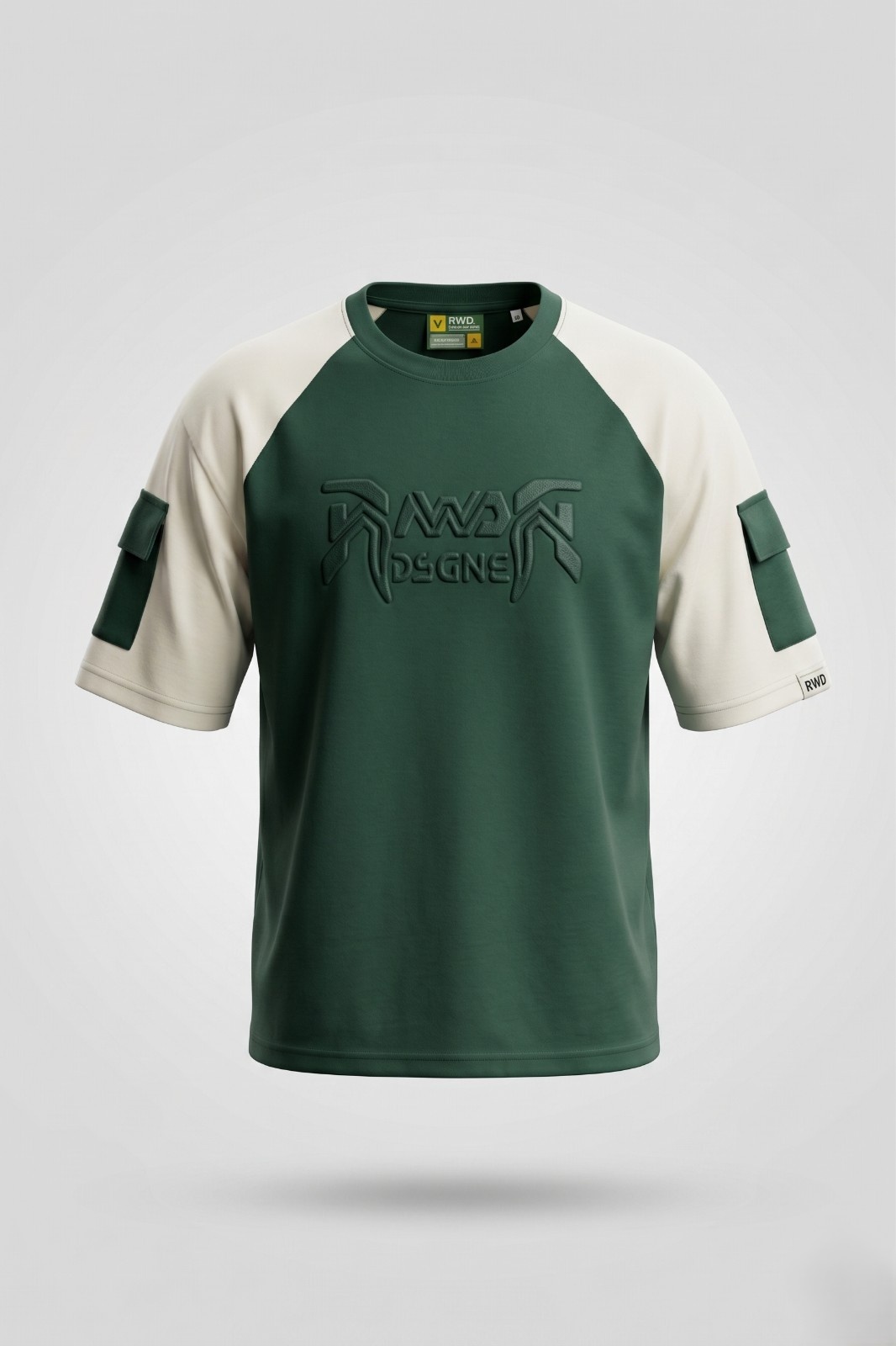 Premium oversized unisex raglan sleeve streetwear t-shirt with embossed gothic front design and contrast sleeves in multiple colors