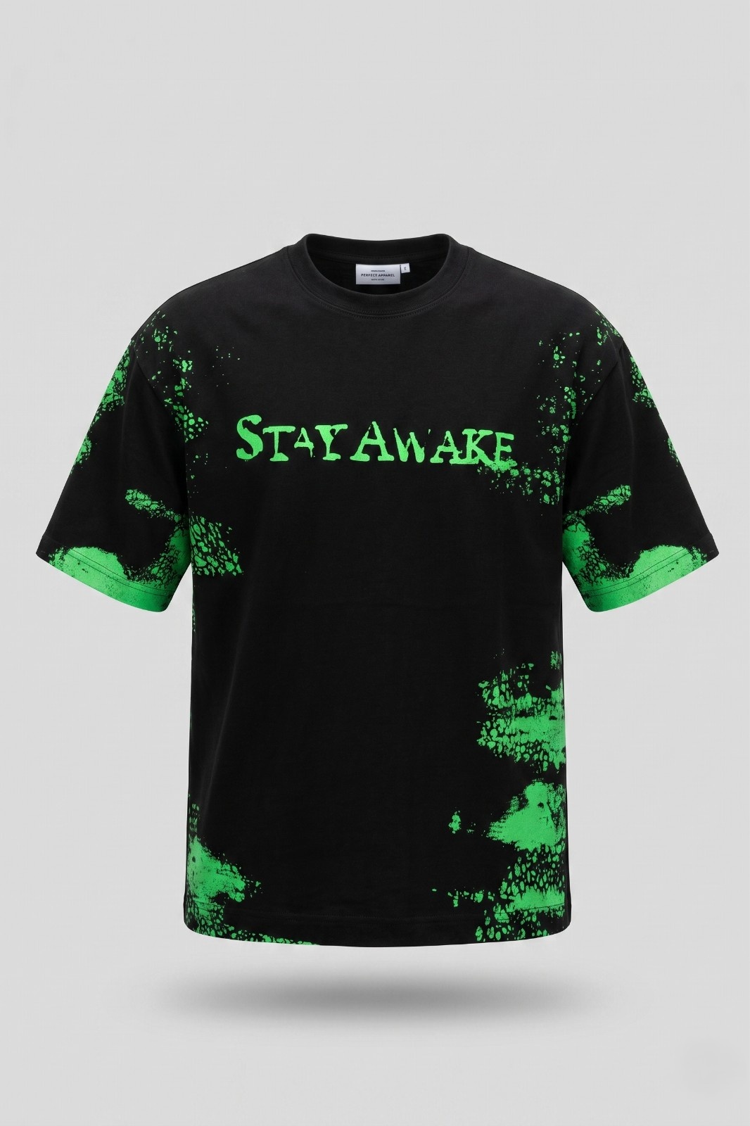 Black oversized t-shirt with neon green abstract splatter design unisex streetwear front view