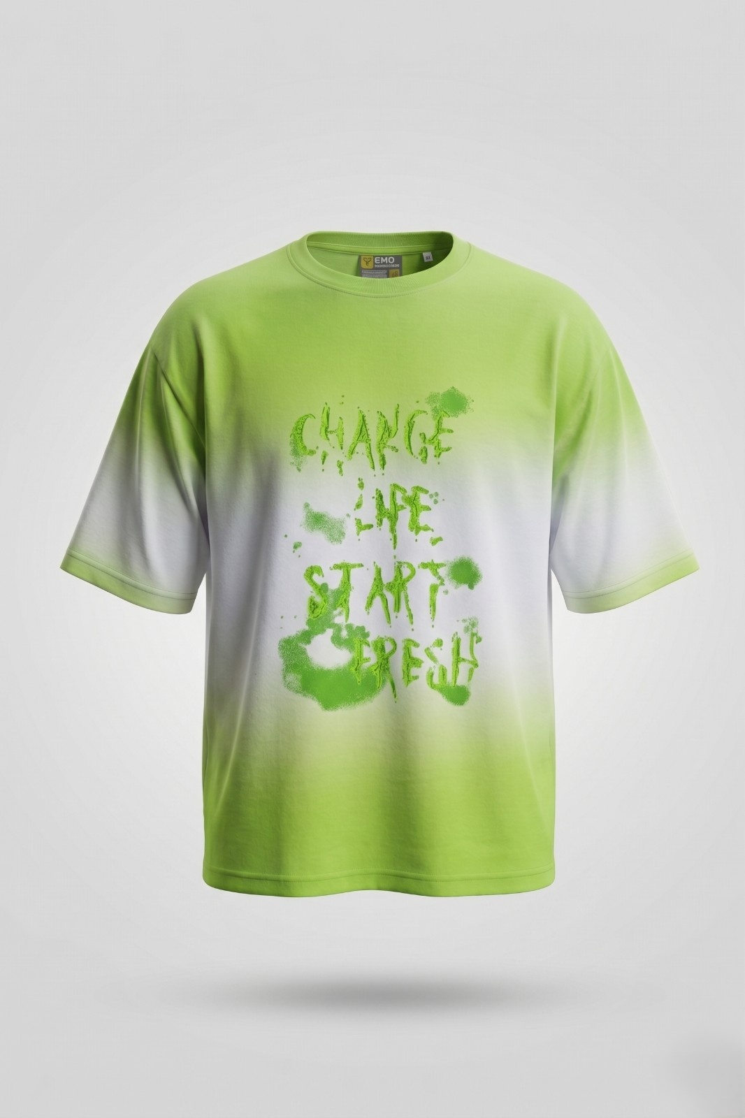 Oversized lime green unisex t-shirt with Change Life Start Fresh spray paint graphic design streetwear front view