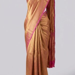 Golden Kanjivaram Silk Saree for Women with Elegant Pink Border