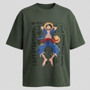 Unisex Oversized One Piece Luffy Anime Graphic Printed T-Shirt – Premium Olive Green