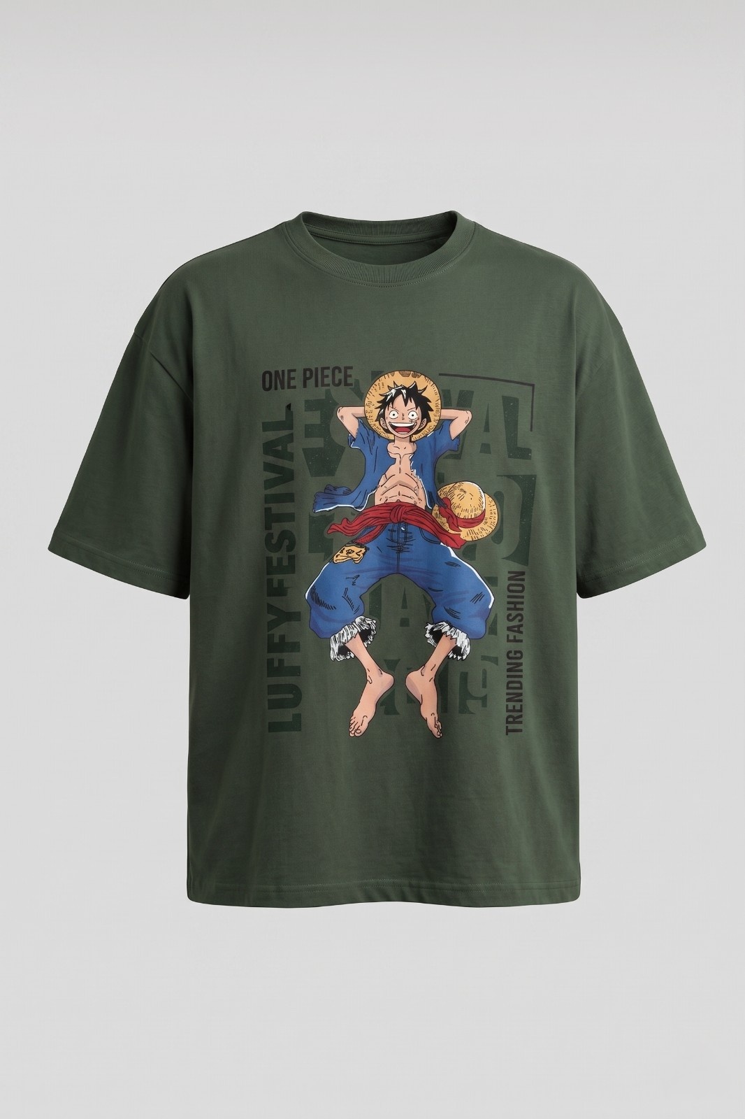 Unisex oversized olive green One Piece Luffy anime graphic printed t shirt with front CONNECT print and back anime design