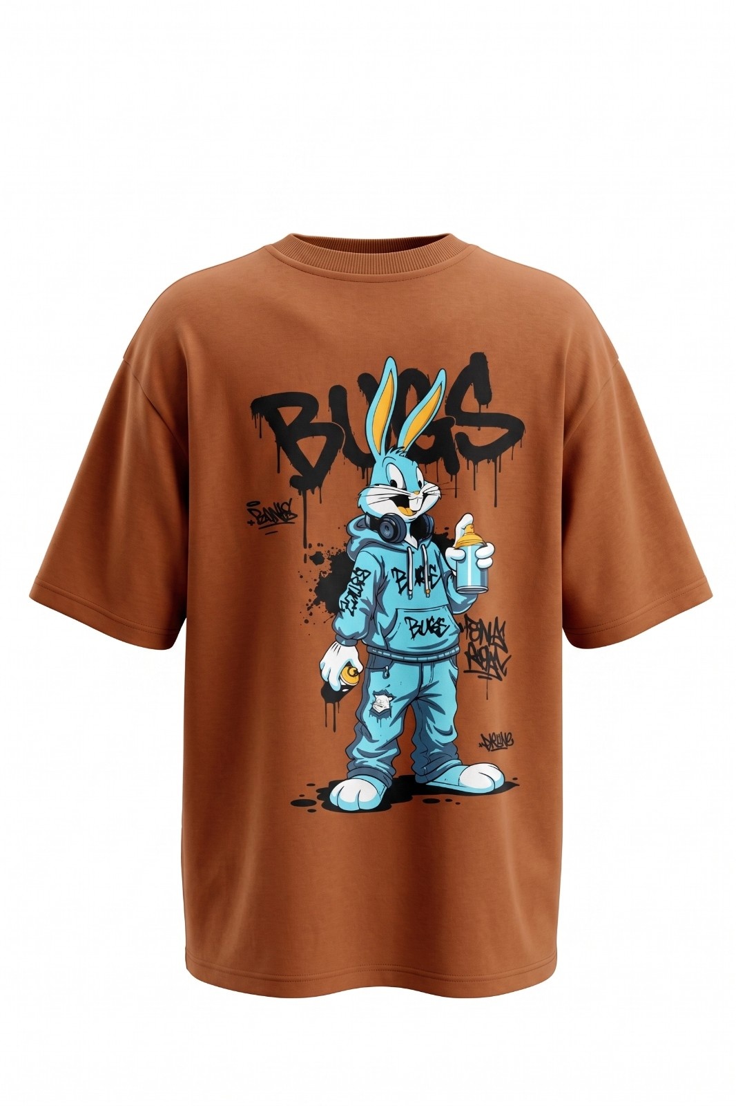 Aura and Aline unisex oversized brown Bugs Bunny streetwear graphic printed t shirt with front logo print and bold back cartoon urban design