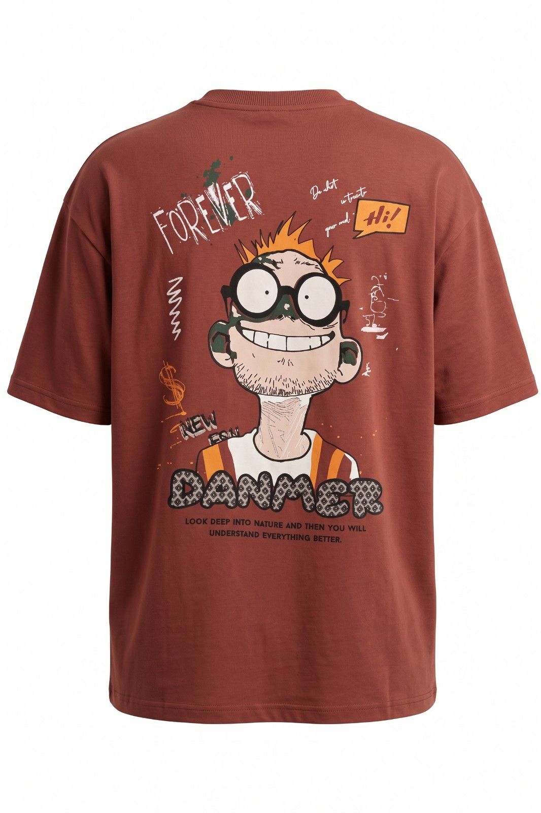 Aura and Aline unisex oversized rust brown Forever Danger graphic printed t shirt with front Danger print and back cartoon graphic design