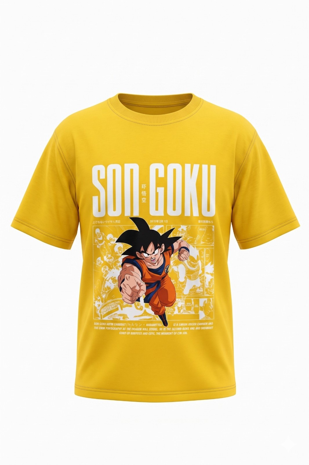 Aura and Aline unisex yellow Dragon Ball Z Son Goku graphic printed oversized t shirt with front logo print and bold anime back design