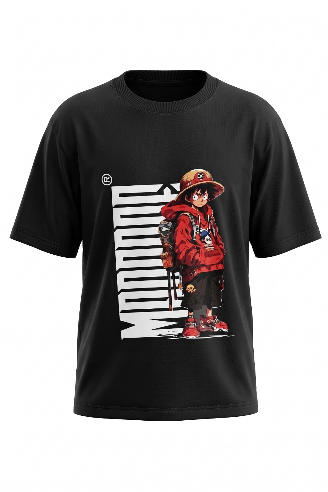 Aura and Aline unisex black One Piece Luffy graphic printed oversized t shirt with front logo print and bold anime back character design