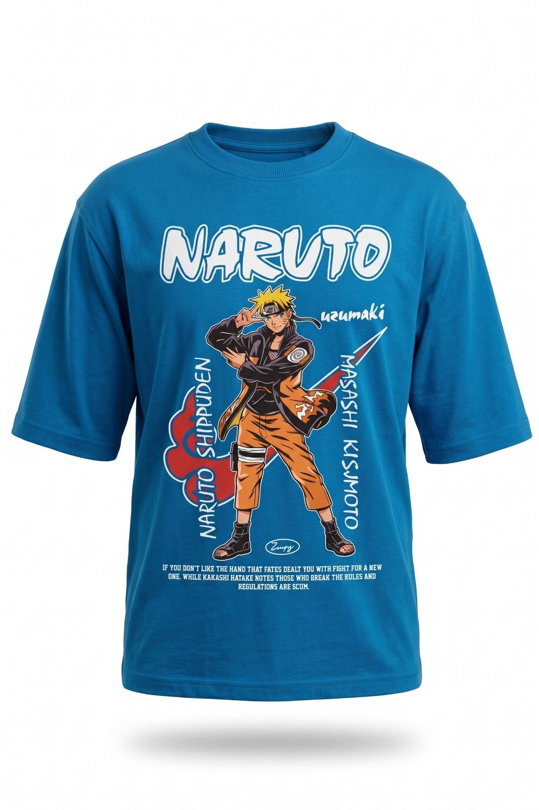 Aura and Aline unisex blue Naruto Uzumaki graphic printed oversized t shirt with anime front print and Uzumaki Naruto back text design