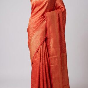 Orange Banarasi Silk Saree for Women with Elegant Golden Woven Border