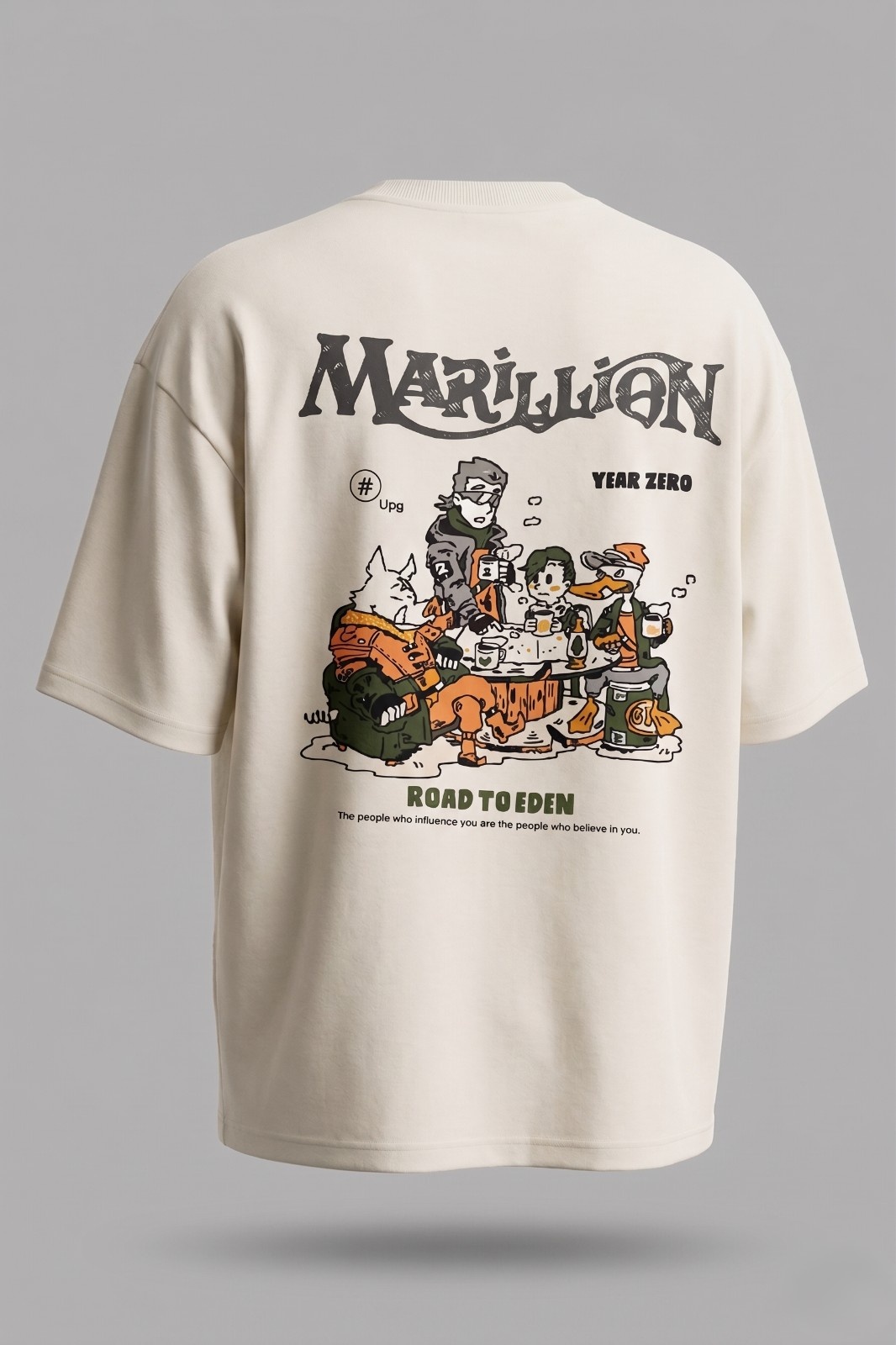 Aura and Aline unisex oversized off white Marillion Road to Eden graphic printed t shirt with front minimal chest print and back artistic graphic design