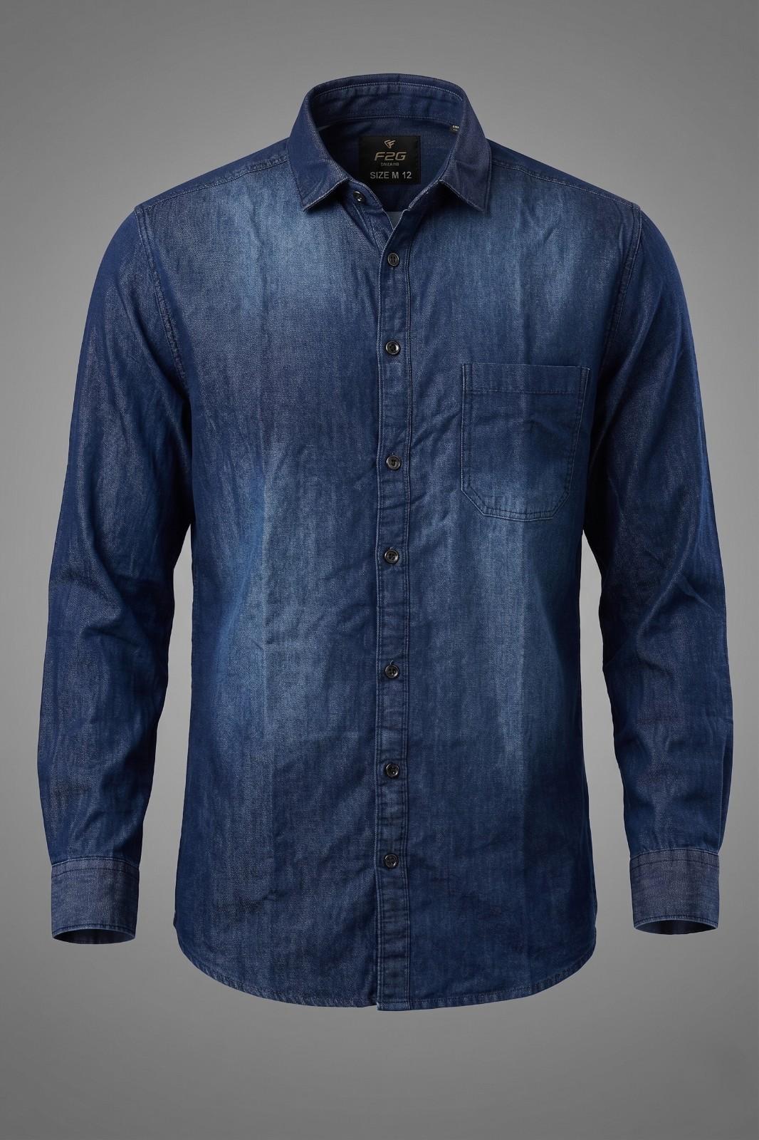 Premium blue denim full sleeve unisex shirt with button-down front and chest pocket casual style
