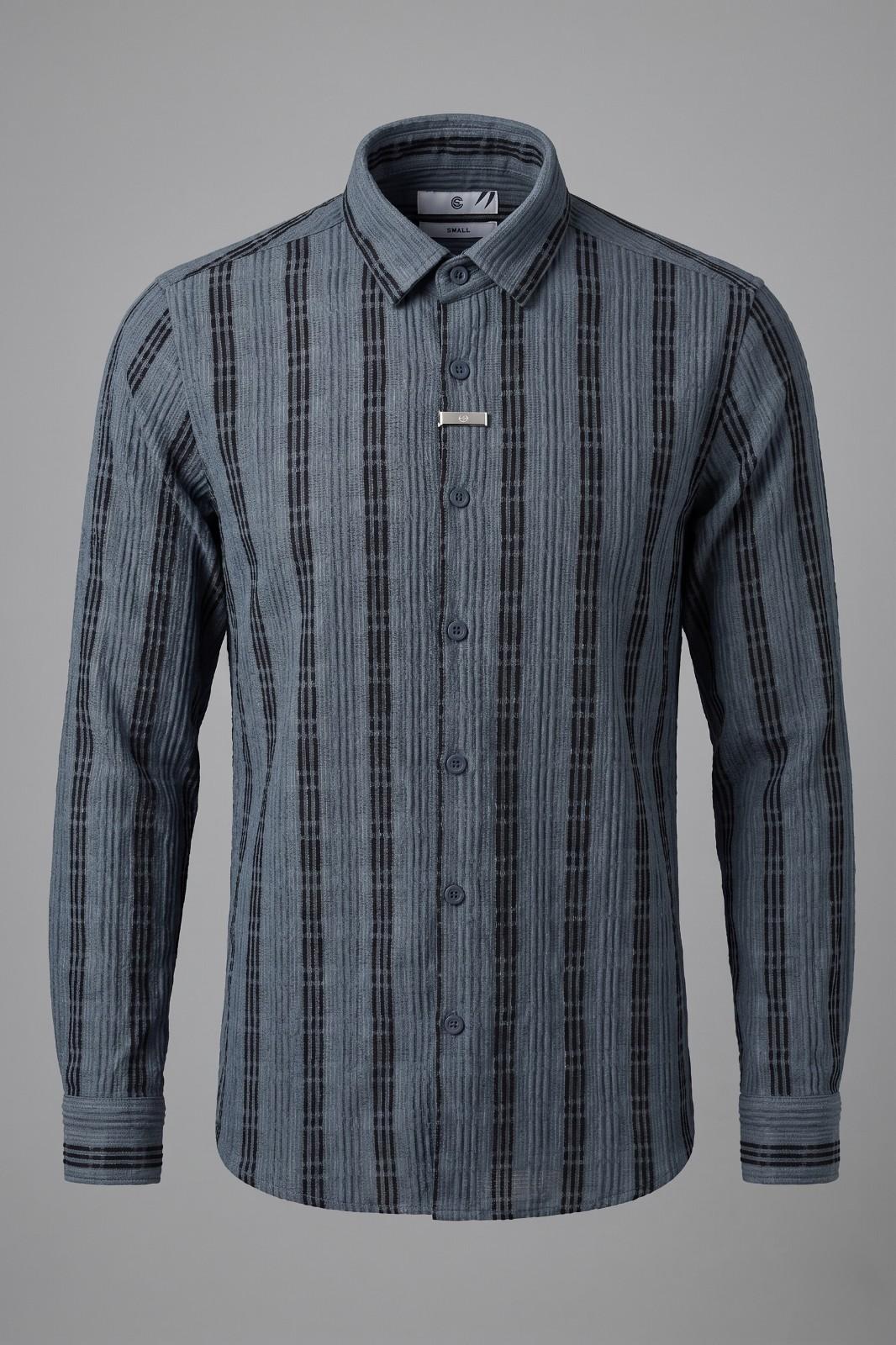 Premium grey striped full sleeve unisex formal shirt with vertical stripe pattern and classic button-down formal design