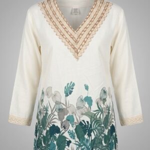 Women Printed V-Neck Lace Trim Tunic Top