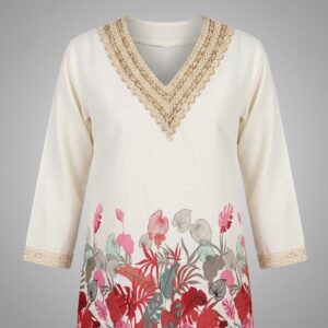 Women Printed V-Neck Lace Trim Tunic Top