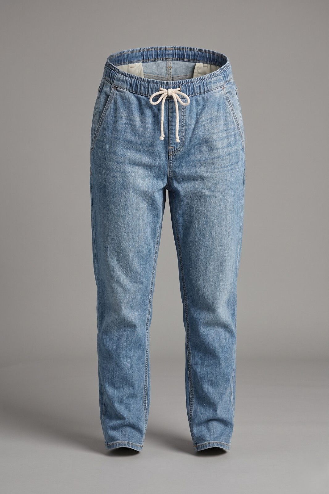 Unisex light wash denim jogger pants with drawstring