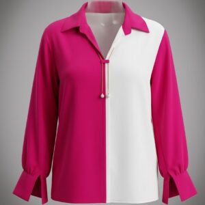 Women Color Block Tie-Neck Shirt Top