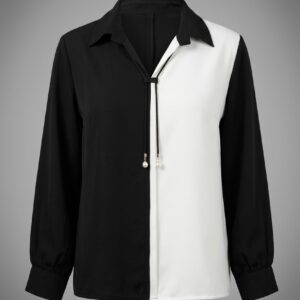 Women Color Block Tie-Neck Shirt Top