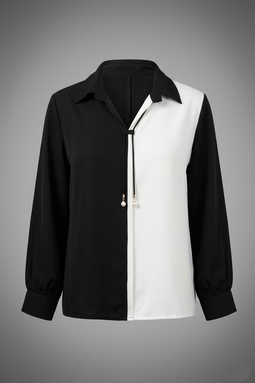 Women’s color block long sleeve shirt with tie neck detail in black, white, pink and maroon colors