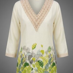 Women Printed V-Neck Lace Trim Tunic Top