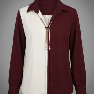 Women Color Block Tie-Neck Shirt Top