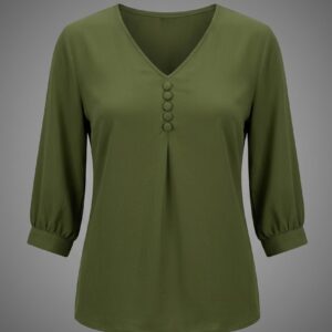 Women Solid V-Neck Button Detail Top