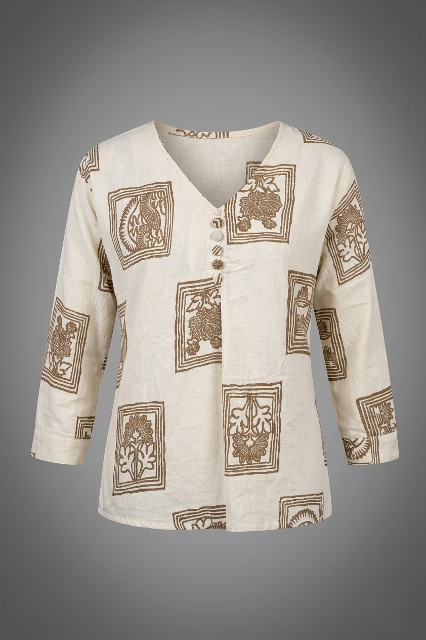 Women’s printed V-neck top with button detail and 3/4 sleeves in beige and white color variants
