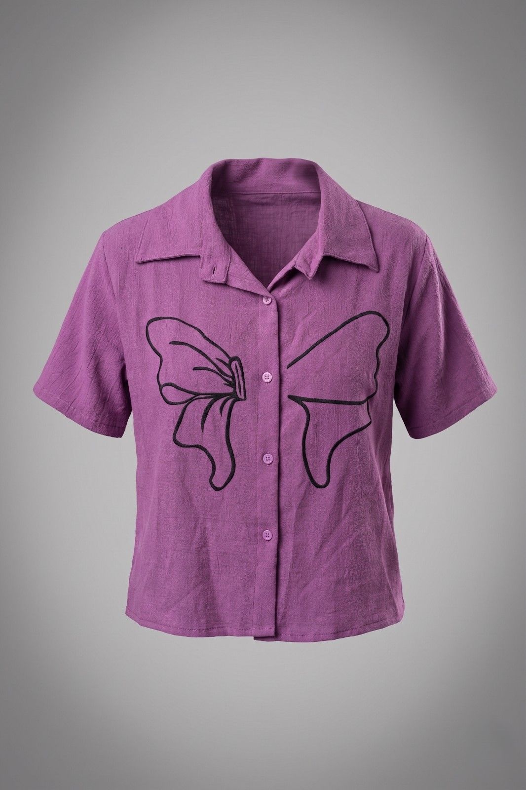Women mauve purple butterfly print short sleeve shirt
