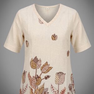 Women Off White Printed Cotton V-Neck Top