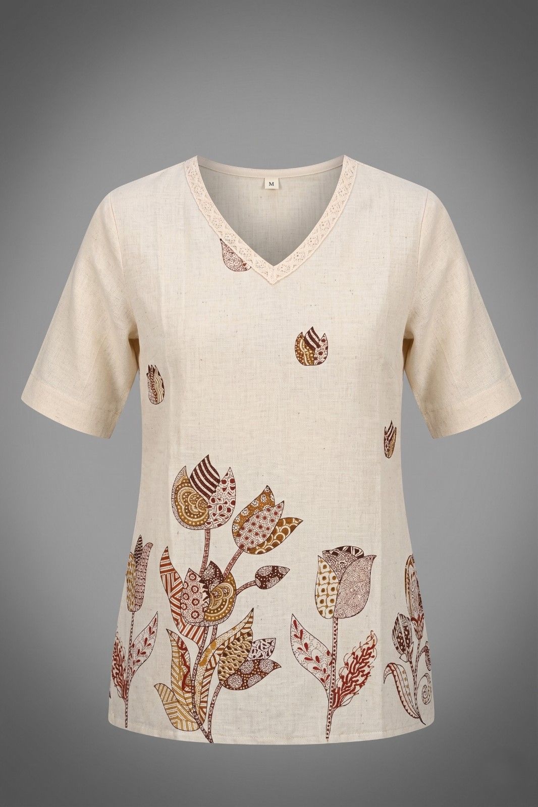 Women off white cotton top with floral print and V-neck design