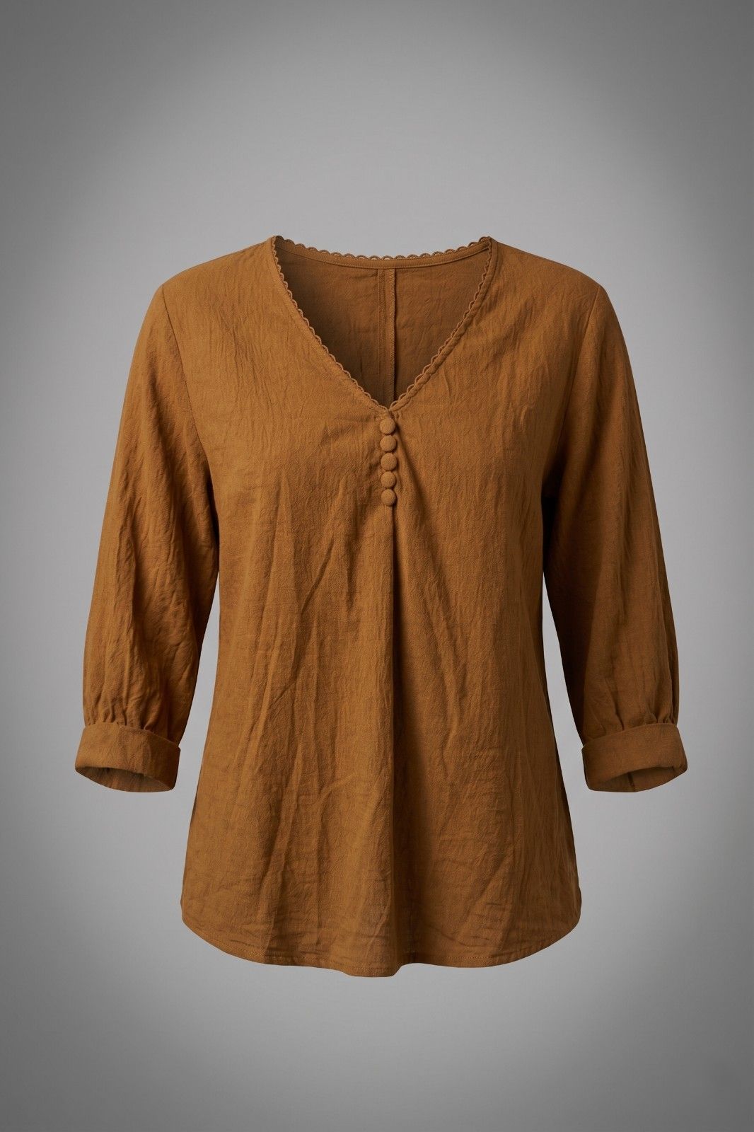 Women’s solid V-neck top with front button detail and 3/4 sleeves in olive green and brown colors