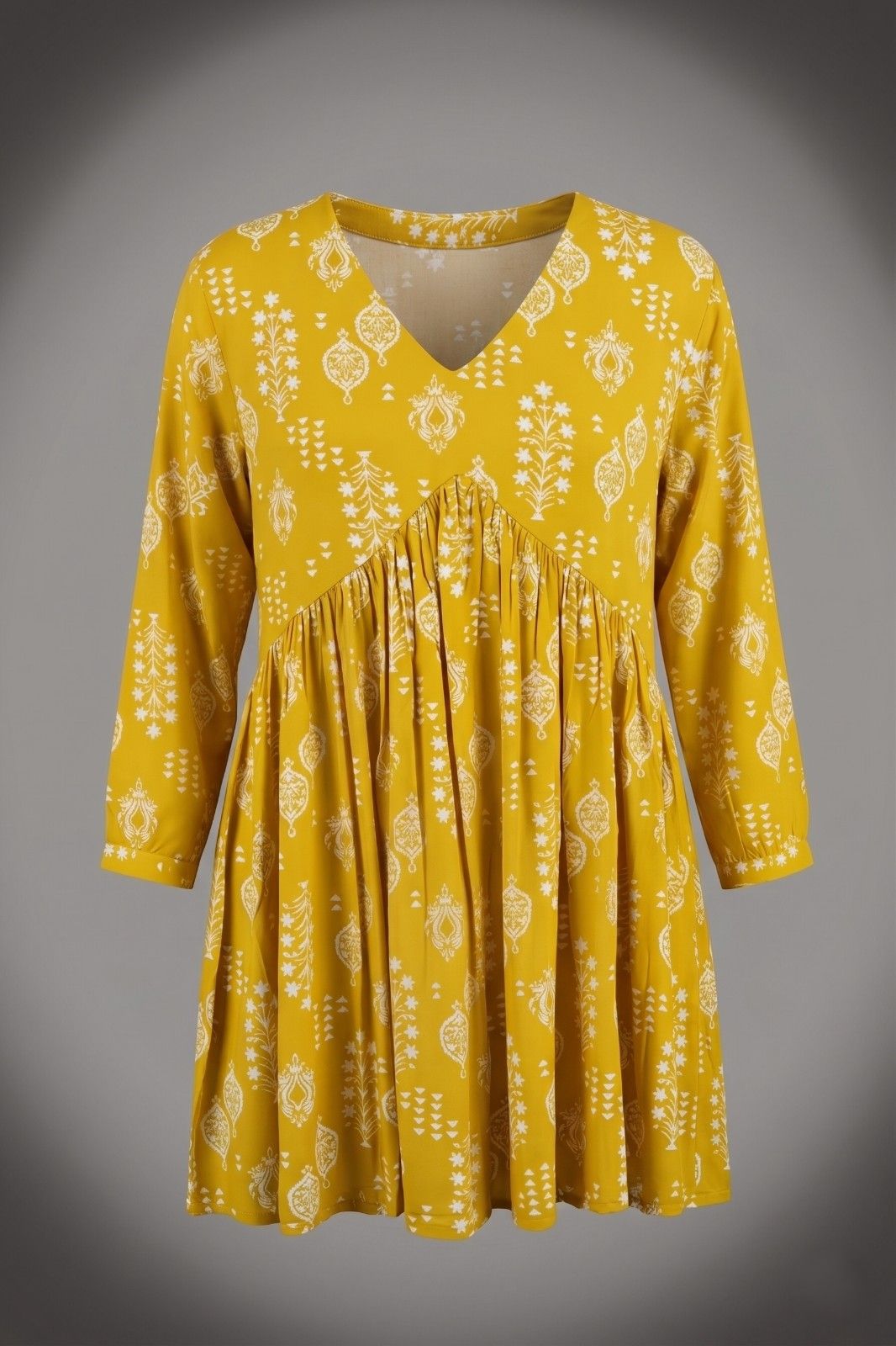 Women mustard yellow printed peplum top with empire waist and V-neck design
