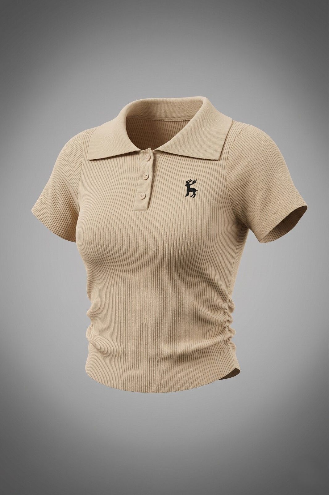 Women beige ribbed polo knit fitted top