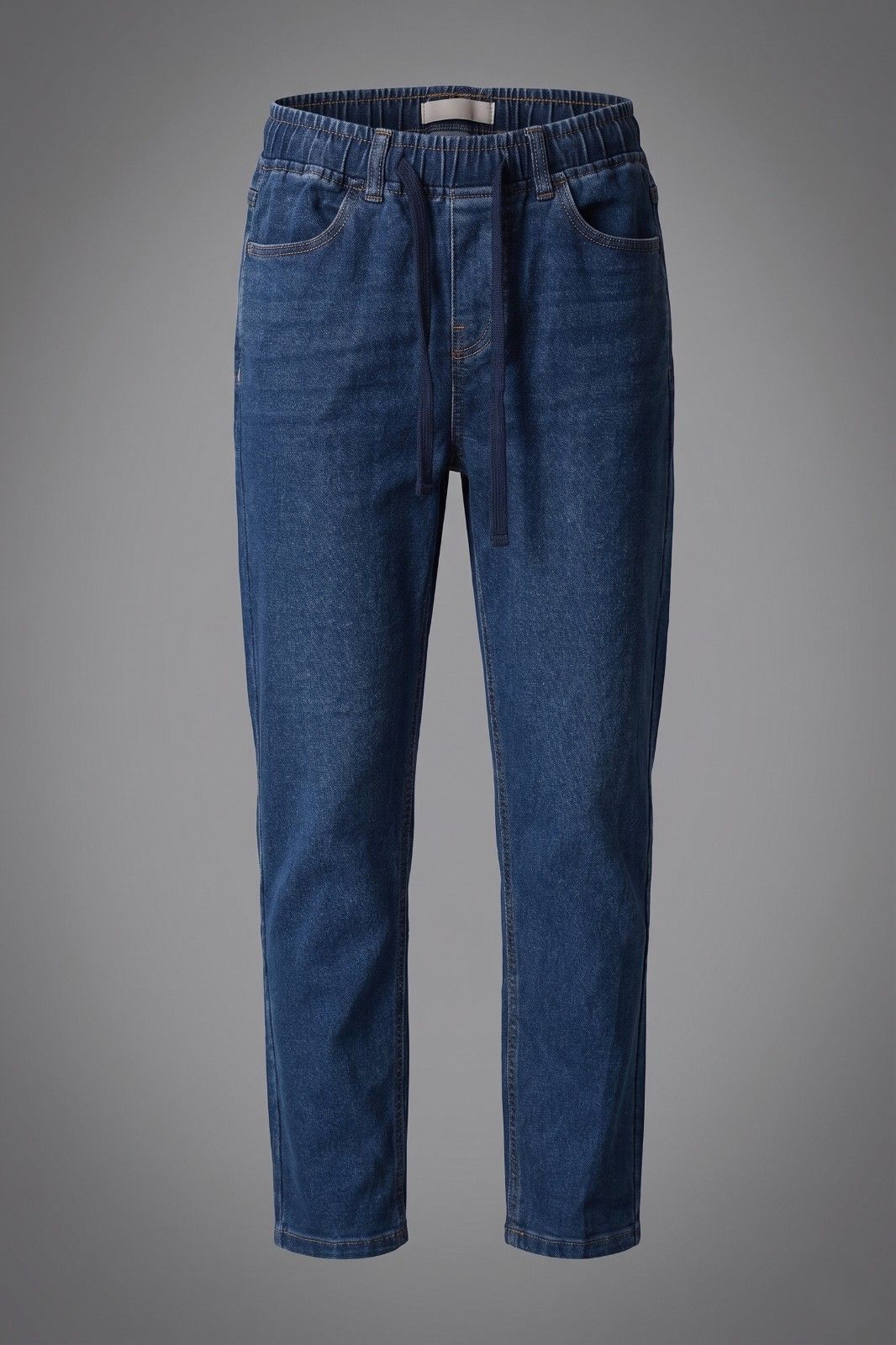 Unisex dark blue denim jogger pants with drawstring