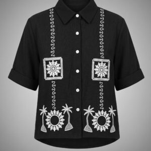 Women Black Embroidered Button Down Shirt