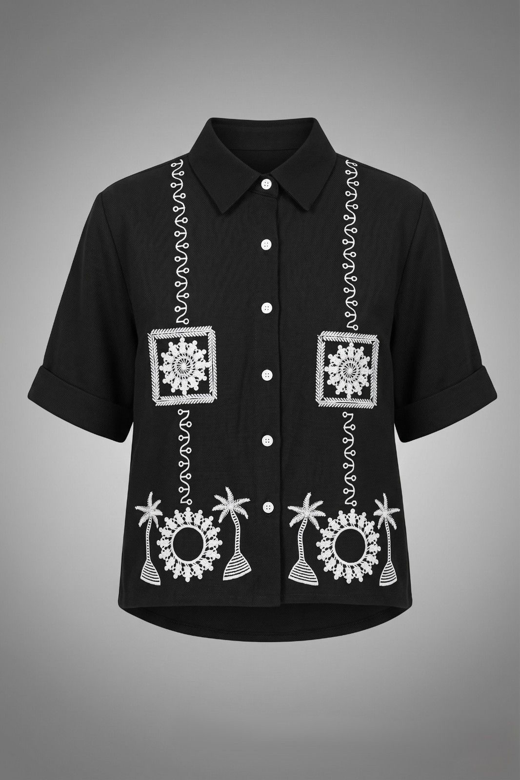 Women black embroidered button down shirt with white pattern design