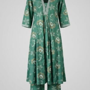 Women Teal Green Floral Anarkali Kurta Palazzo Set