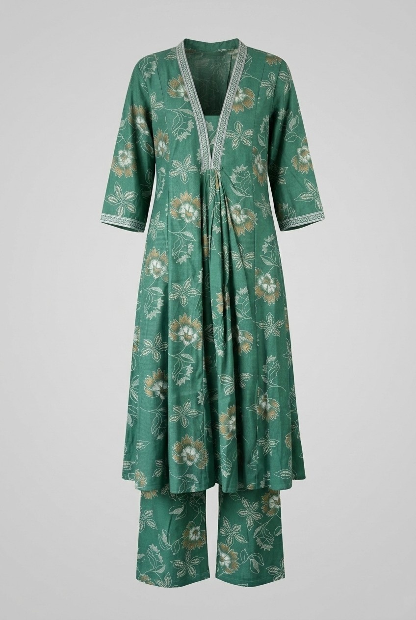 Women’s teal green floral Anarkali kurta with matching palazzo pants set