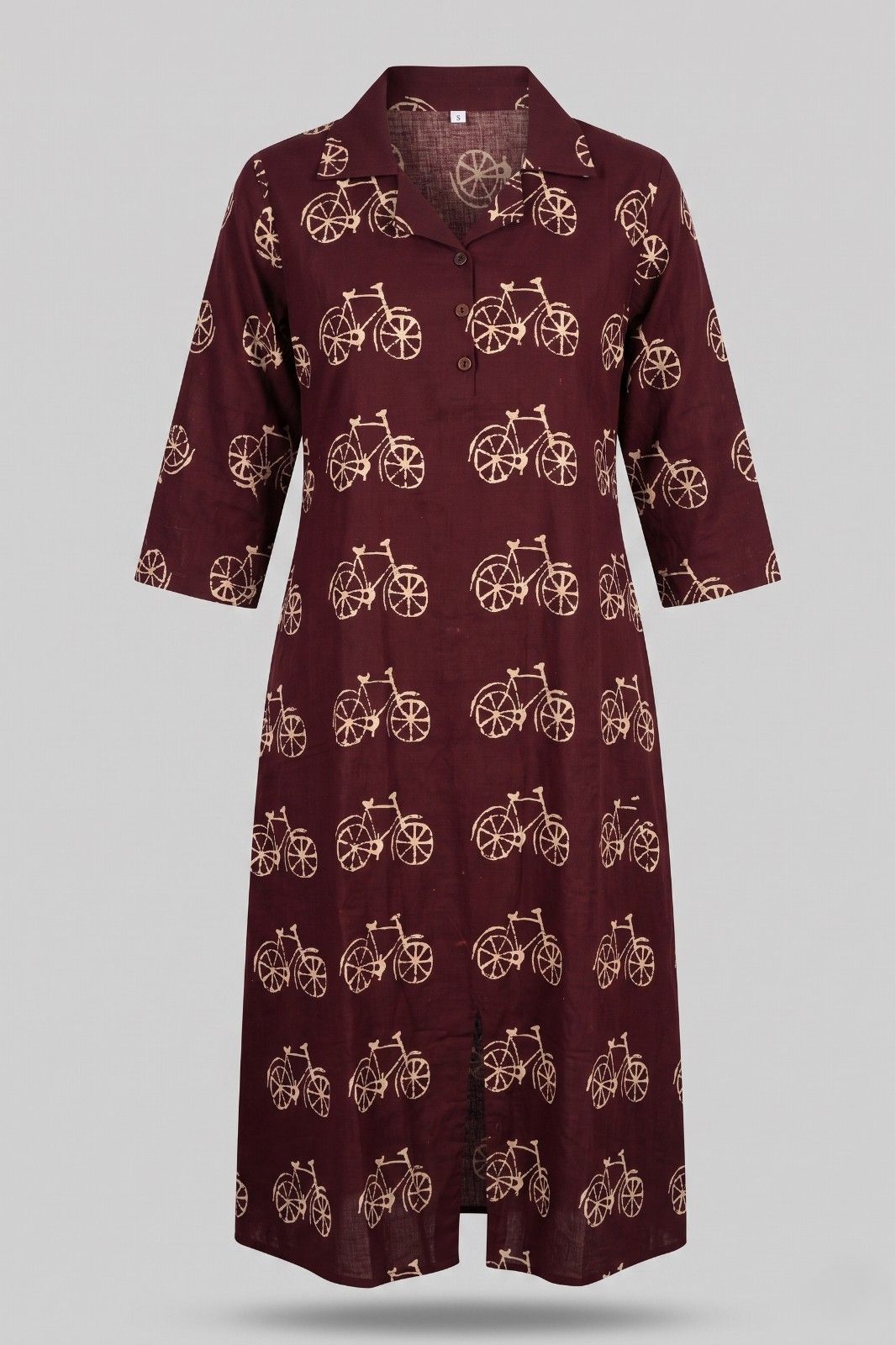 Women’s maroon cotton dress with bicycle print, notched collar, and relaxed straight fit