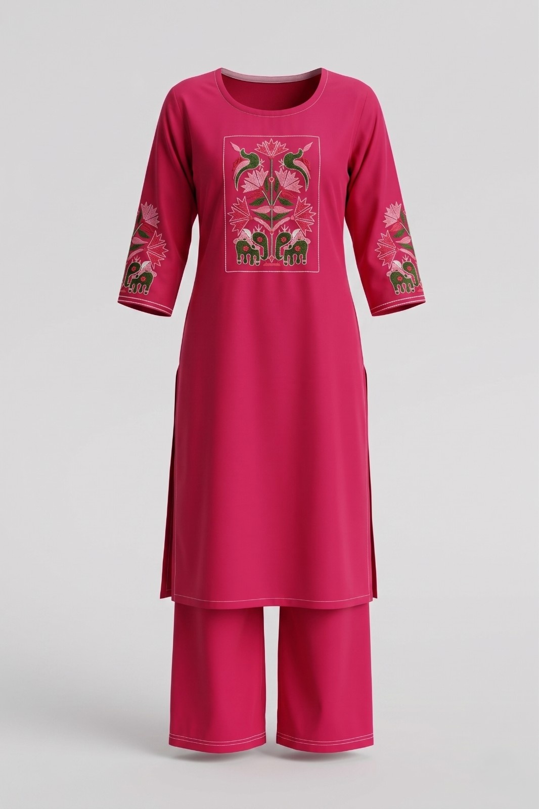 Women’s pink embroidered kurta with palazzo pants, straight fit ethnic set