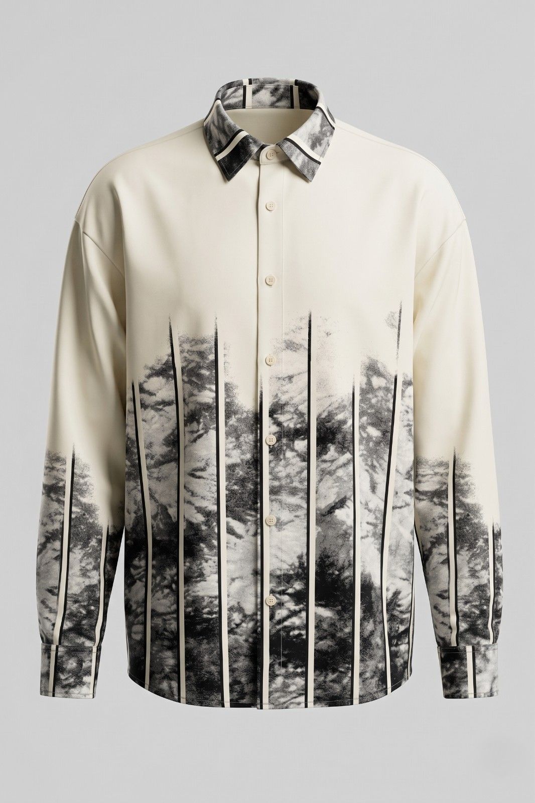 Monochrome abstract stripe designer shirt with marble-inspired artistic print and vertical black detailing