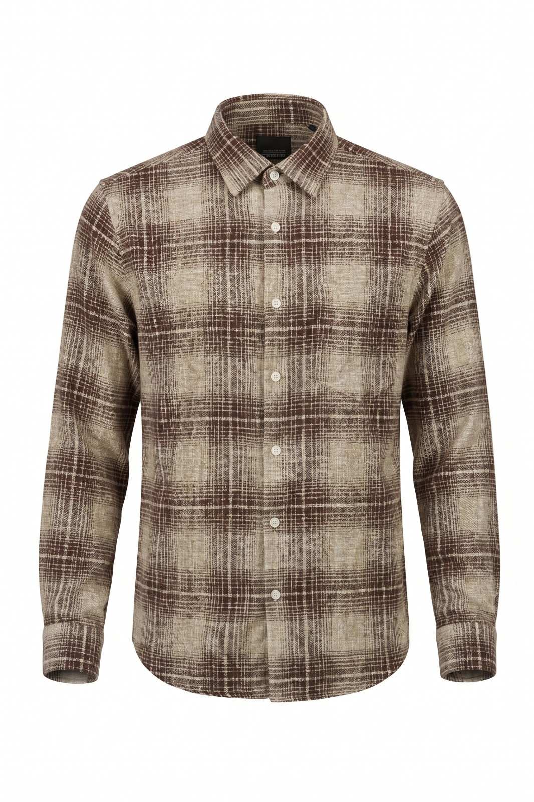 Rustic brown textured plaid casual shirt with woven check pattern for men