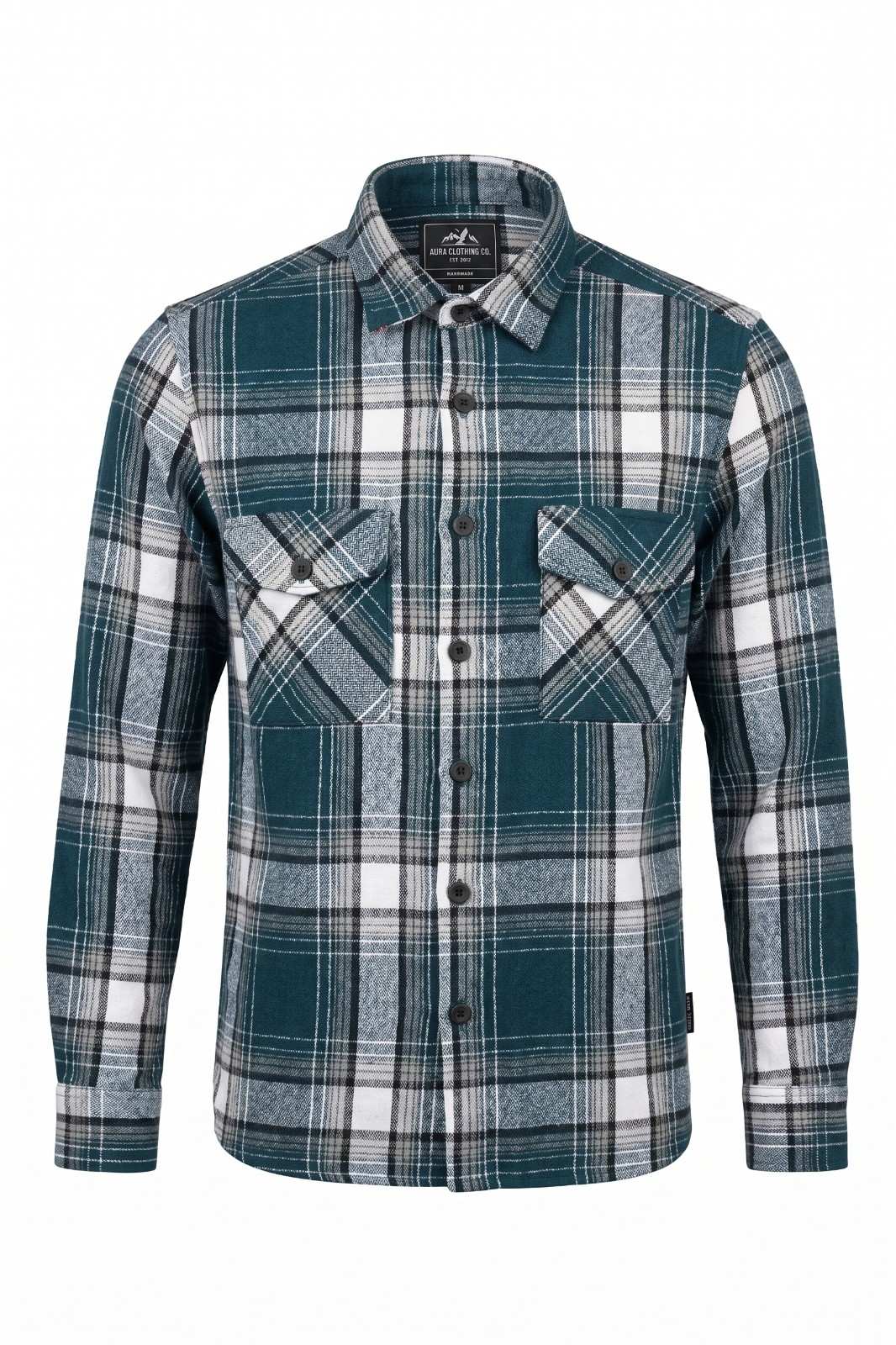 Premium plaid flannel casual shirts in teal and grey checkered color variants with dual flap pockets